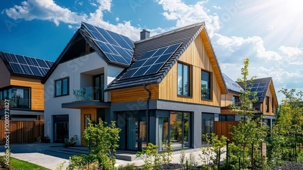 Fototapeta A beautiful two-story house with striking wooden accents and large windows, adorned with solar panels on the roof, showcasing sustainability and modern design.