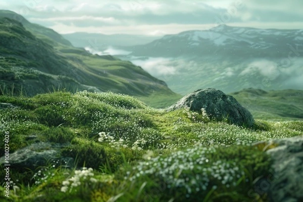 Fototapeta A solitary sheep stands at the top of a green hill, suitable for rural or nature-themed projects