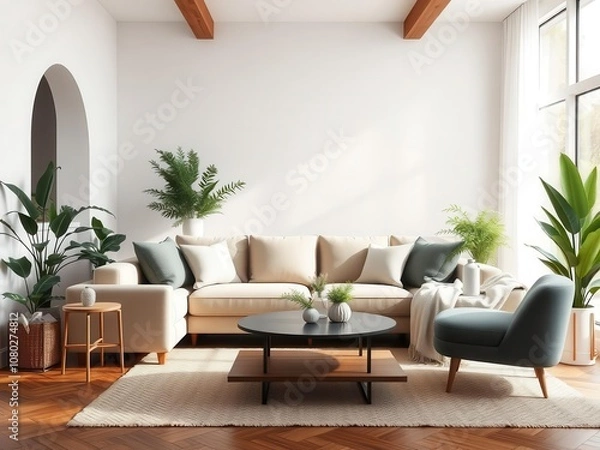 Fototapeta A modern living room mockup with a cozy sofa, coffee table, and decorative plants in a bright, natural light-filled environment, plants, coffee table, living room