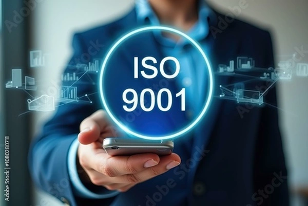 Fototapeta Professional Businessman Holding Smartphone with ISO 9001 Quality Management Certification Concept, Blue Tone Technology Background