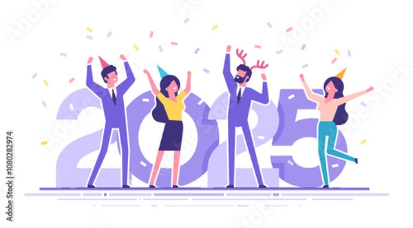 Fototapeta Happy business people at a Christmas and New Year's corporate party on the background with big numbers 2025. Positive men and women in party caps dancing and having fun. Modern vector characters.