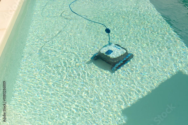 Obraz The robot pool cleaner cleans the bottom of the pool with clean water on a sunny summer day. The concept of cleaning swimming pools in hotels, resorts and country houses.