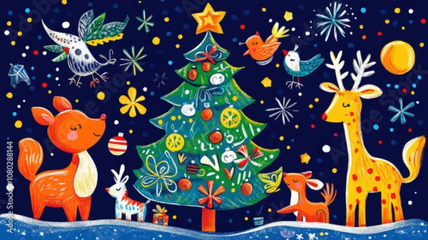 Fototapeta Children's hand-drawn illustration of Christmas night with dancing animals near the New Year tree. Generative AI
