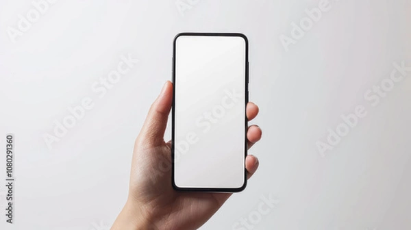 Obraz person holding blank smartphone with minimalist design, showcasing modern touch screen. device is sleek and stylish, perfect for showcasing apps or designs