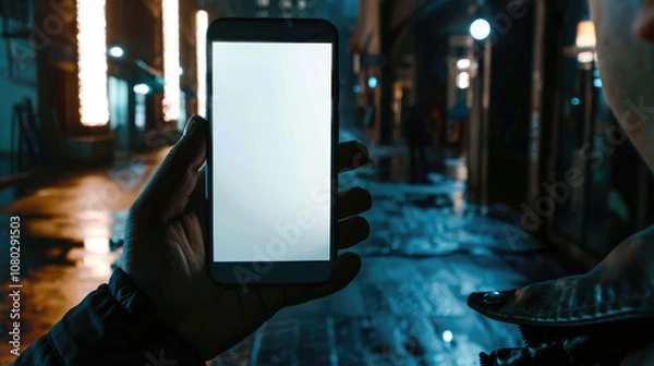 Obraz person holding smartphone in dimly lit urban street at night, showcasing blank screen. atmosphere is moody and modern, with reflections on wet pavement