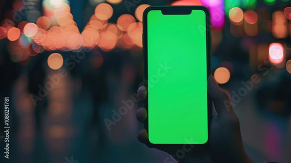 Obraz hand holding smartphone with green screen in vibrant city at night, surrounded by colorful bokeh lights. scene conveys modern and tech savvy atmosphere