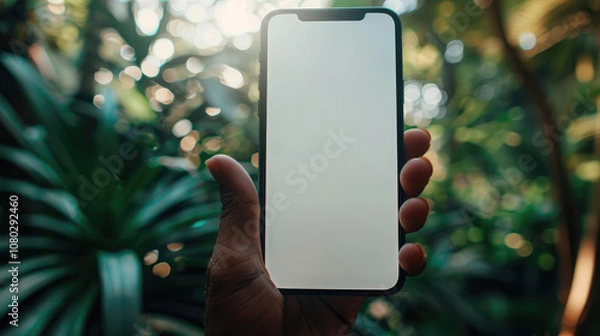 Obraz hand holding smartphone in lush green environment, showcasing blank screen. vibrant foliage creates serene backdrop, perfect for technology and nature themes