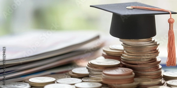 Obraz graduation cap rests on stacks of gold coins, symbolizing the financial costs and investment in higher education and student loans.