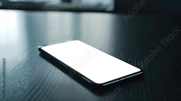 Obraz sleek smartphone with blank screen rests on dark wooden table, showcasing modern design and minimalism. soft lighting enhances elegant look of device