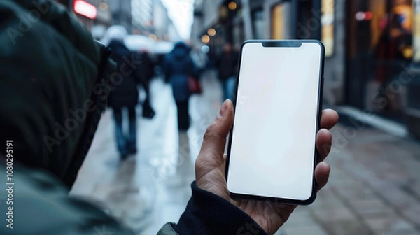 Obraz person holding blank smartphone in busy urban street, showcasing modern technology and city life. scene captures sense of connectivity and daily routine