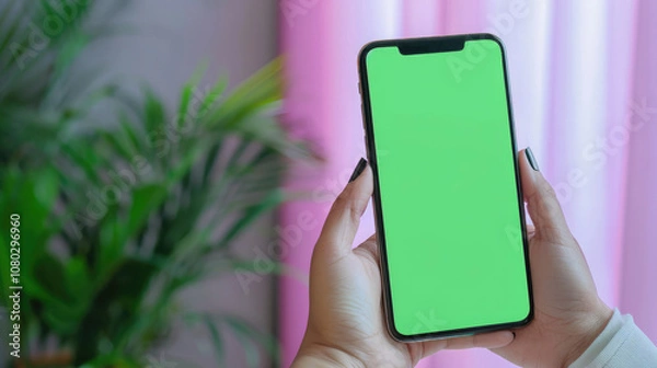 Obraz person holding smartphone with green screen in bright setting, surrounded by plants. vibrant background adds lively touch to scene