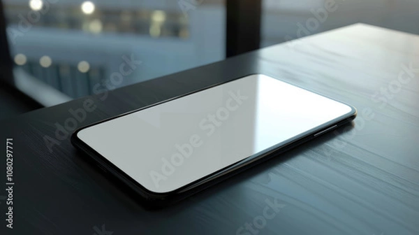 Obraz sleek smartphone on wooden table, reflecting light, showcasing modern design and technology. Perfect for showcasing mobile devices or tech related content