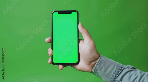 Obraz person holding smartphone with green screen, ideal for mockups and presentations. vibrant green background enhances focus on device