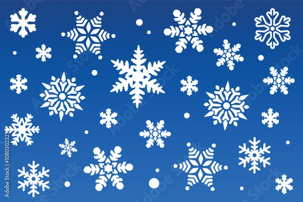 Fototapeta Snowflakes on a Blue Background. A collection of winter snowflakes on a blue background conveys the atmosphere of winter holidays