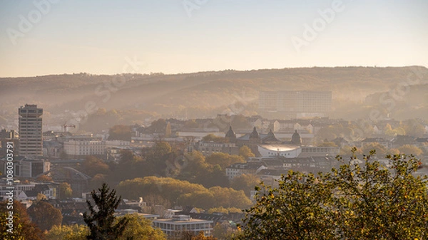Fototapeta Blick auf die Schwimmoper und dei Stadthalle in Wuppertal