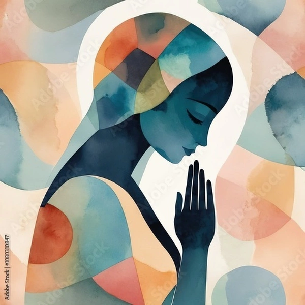 Fototapeta A minimalist watercolour artwork with abstract silhouette of a woman that pray for peace. Abstract simple painted background. Calm delicate template. World Day of Prayer for Peace. 