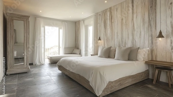 Fototapeta Modern bedroom with king size bed, wooden wall, and large windows leading to a balcony.