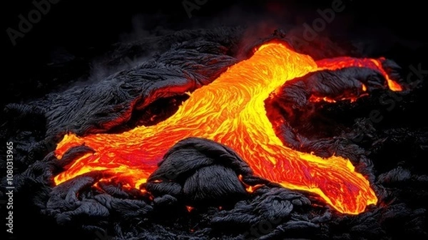 Obraz Molten lava flowing over dark rocks, creating a dramatic natural landscape.