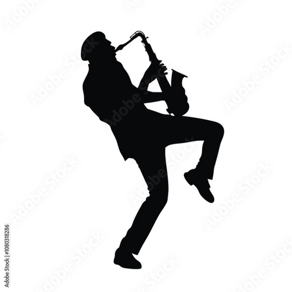 Obraz A man playing a saxophone. He is wearing a hat and is bending over. The saxophone is in his right hand