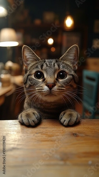 Fototapeta Curious Cat on Table Edge, feline observing surroundings, cozy indoor atmosphere, warm soft light, playful and gentle mood