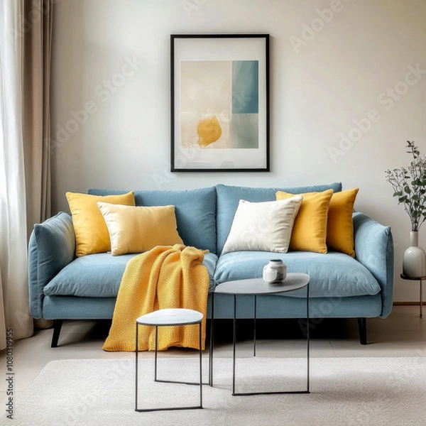 Fototapeta Blue sofa with yellow pillows  Scandinavian home interior design of modern living room