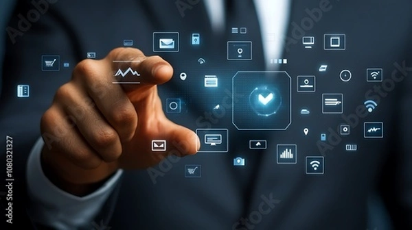 Fototapeta A businessman finger presses on a digital icon touch, Hologram digital icon touch