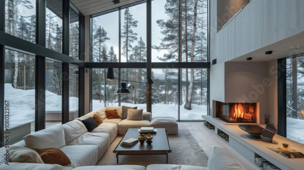 Fototapeta large living room with white walls, large windows and an open fireplace, in the style of norwegian nature