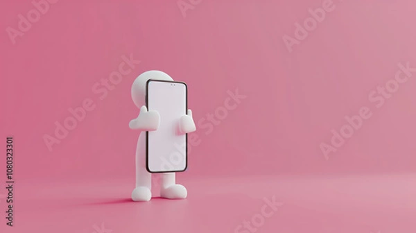 Fototapeta Simple  white 3d cartoon style humanlike toy with  smartphone on pink background with copy space