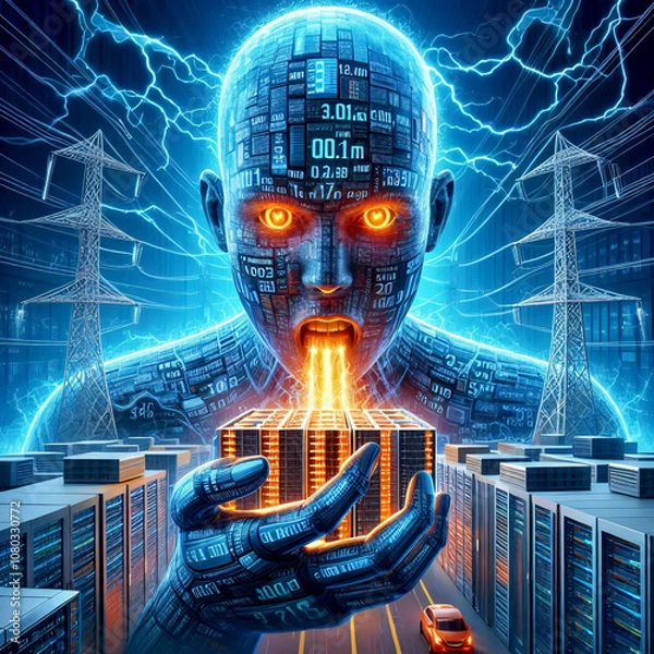 Fototapeta Die künstliche Intelligenz saugt sehr viel elektrischen Strom aus dem Netz. Energieversorgung am Scheideweg.