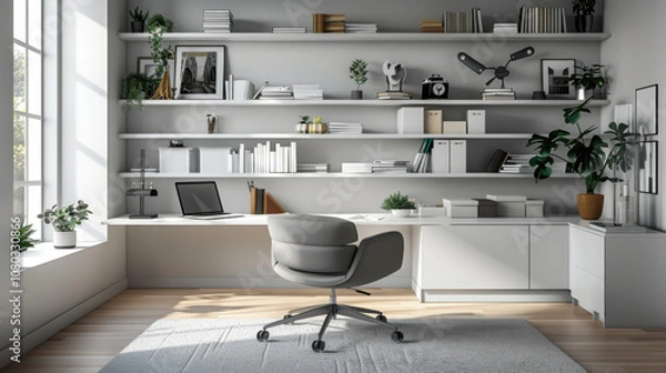 Fototapeta Contemporary open space office with computer, shelf with documents