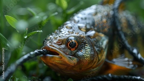 Fototapeta Close-up of Caught Perch Fish on Fishing Line, Surrounded by Green Grass, Selective Focus.