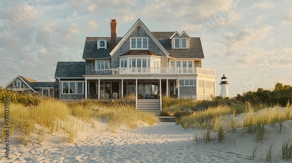 Obraz Nantucket shingle style beach estate with private dunes and lighthouse views, classic New England coastal sanctuary