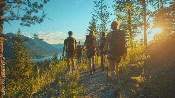Fototapeta Group of friends joyfully hiking in a sunlit forest on a vibrant day, capturing moments of camaraderie and adventure in nature’s beauty