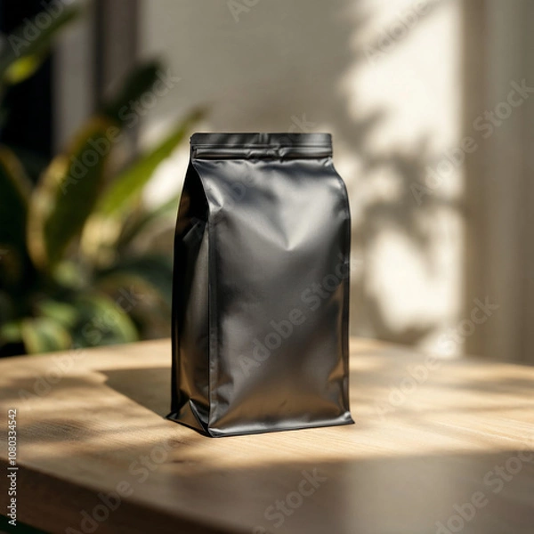 Fototapeta A coffee concept prepared for mockup, with a matte black coffee package on a light wooden table