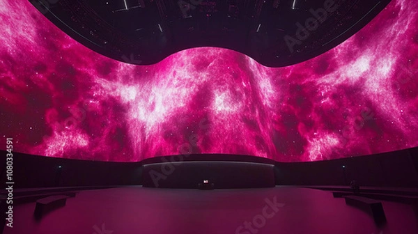 Fototapeta A curved LED screen displaying a pink and purple nebula-like image in a dark room.