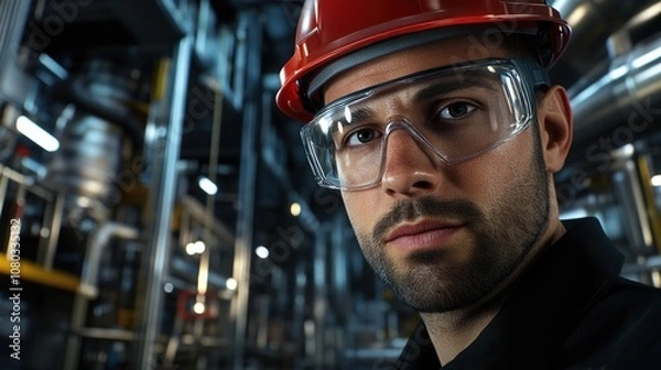 Fototapeta A Worker in Safety Gear Focuses on Tasks in an Industrial Facility With Machinery and Equipment, Highlighting Commitment to Safety and Efficiency