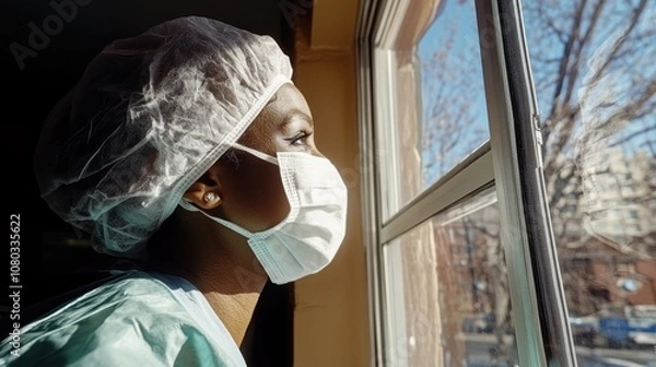 Fototapeta Healthcare Worker Gazes Thoughtfully out the Window During a Break, Reflecting on the Day\'s Challenges and Experiences in a Busy Hospital Setting