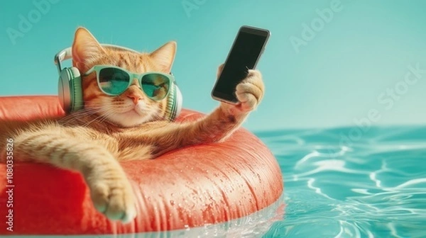Fototapeta A Relaxed Orange Cat Wearing Sunglasses and Headphones Lounges on a Bright Pool Float While Holding a Smartphone, Enjoying a Sunny Day by the Water
