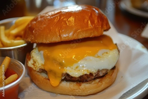 Fototapeta Close-up of a cheeseburger with a fried egg. This image is perfect for advertising a restaurant or food blog.