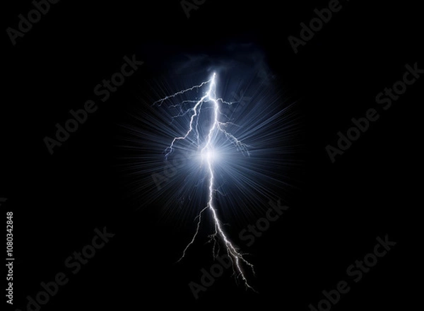 Fototapeta A single bolt of lightning strikes down through a dark, stormy sky, illuminating the clouds with a bright, white light.