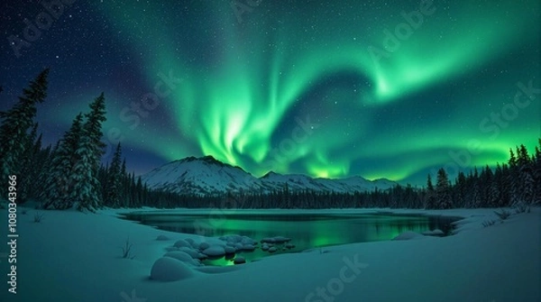 Fototapeta Northern lights above snow trees. Winter landscape with mountains and forest. Aurora borealis with starry in the night sky. Fantastic Winter Epic Magical Landscape.