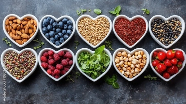 Obraz Heart shaped bowls filled with superfoods: almonds, blueberries, quinoa, berries, nuts and microgreens on dark slate grey background. Healthy eating flat lay banner composition. 8k