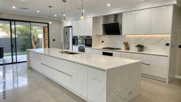 Fototapeta Engineered stone benchtops in a modern kitchen with sleek, minimalist design, showcasing refined surfaces and contemporary style.

