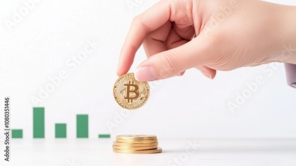 Fototapeta A hand places a gold Bitcoin coin atop a stack, with green bars in the background suggesting financial growth and cryptocurrency investment.