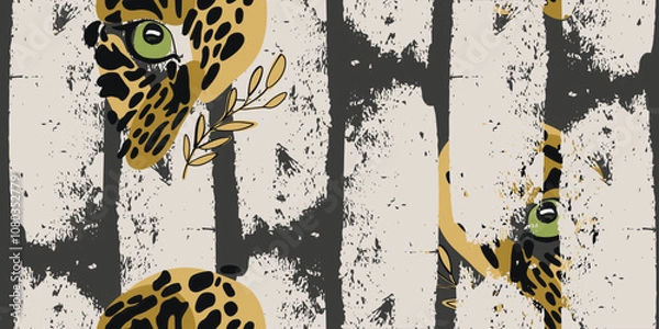 Fototapeta Vector animal print. Seamless leopard and tropical elements. Pattern design for fabric and textile, packaging, web and social media design
