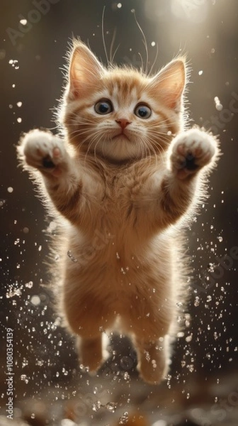 Fototapeta Playful Kitten in Mid-Leap with Outstretched Paws Against a Colorful Backdrop Emphasizing Energetic Motion