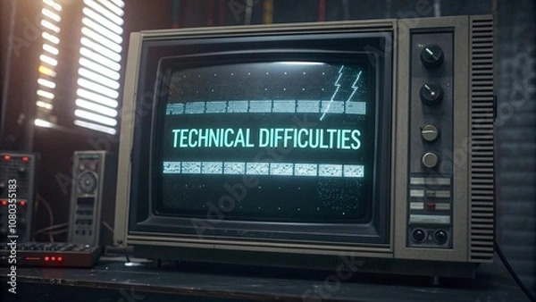 Fototapeta An error message on a high-tech device screen showing 'Technical Difficulties,' with glitching static and white noise effects