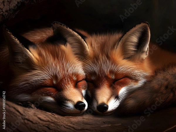 Fototapeta A family of foxes curled up together in their den, capturing a tender moment of rest. Foxes cozying up in their home.


