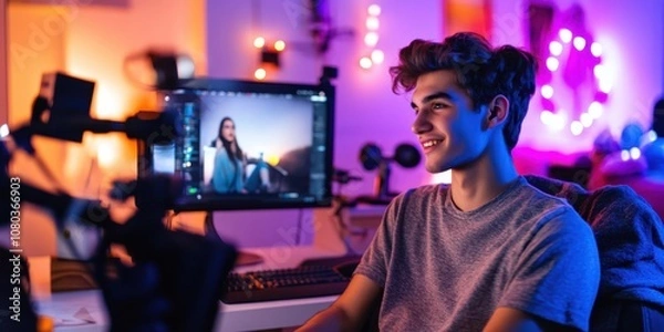 Fototapeta Generation Z teens creating content for social media platforms, in a vibrant, aesthetically designed home studio