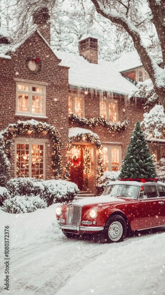 Fototapeta Vintage car of 60s with Christmas tree and gifts on roof parked in front of a decorated house in snow. Classic winter holiday scene.	